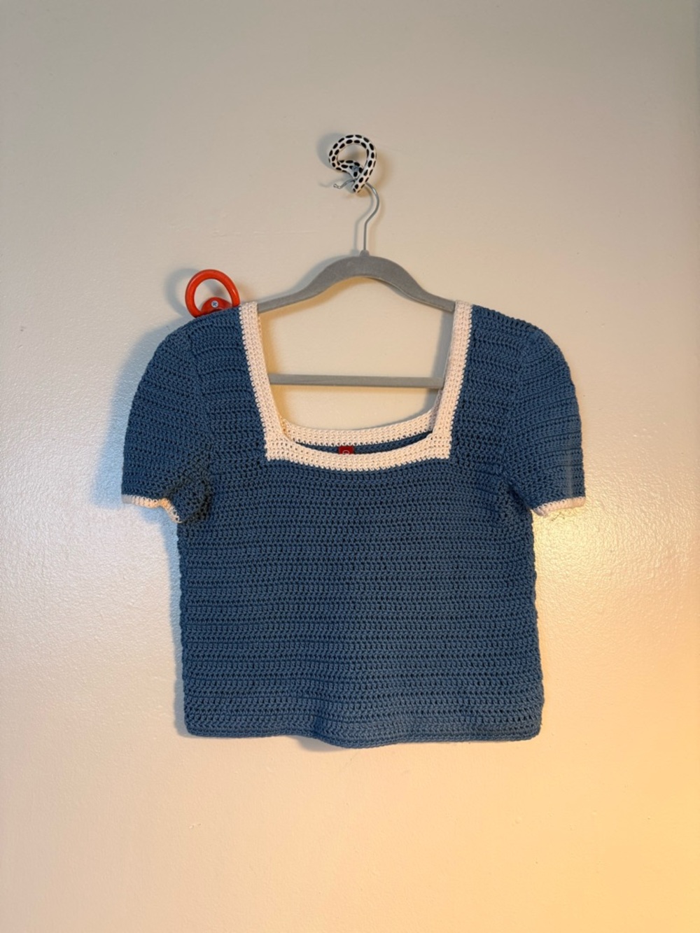 Staud - Handmade Blue Crocheted Square Neck Top with White Trim